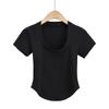 Camiseta de verano estilo americano con escote en U, manga corta, ajustada y sexy, con dobladillo curvo.