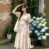 Elegante Vestido Floral Estilo Francés para Mujer, Verano Cintura Alta Adelgazante Cuello en V Mangas Abullonadas Versátil Vestido Capas