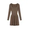 Vestido de malha cinza elegante de manga comprida francês para mulheres outono saia plissada justa saia curta vestido base