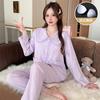 Pijamas de mujer de primavera y otoño con diseño de nubes de algodón, bonitos y dulces, estilo princesa, con lazo y almohadilla para el pecho, ropa de abrigo de manga larga para el hogar.