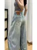 Calça jeans azul claro estilo retrô americano com fita de gorgurão, projetada para mulheres altas, com uma versão alongada, calça pantalona estilosa que afina a silhueta e apresenta um corte curvo