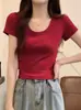 Camiseta de Color Sólido con Cuello Redondo y Hombros Descubiertos para Mujer, Verano, Algodón Puro Elástico, Combinable con Todo, Corte Ajustado, Adelgazante, Estilo Spice Girls, Cubre-carne, Manga Corta para Mujer