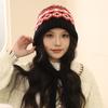 Pasamontañas Estilo Fair Isle Gorro Tejido para Mujer Invierno Bolsa Doble Uso Caliente Felpa Pelo Lana Gorro