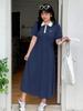Vestido Casual de Cuello Polo con Lazo Verano Nuevo Talla Grande mm Casual Delgado Falda de Longitud Media 250386