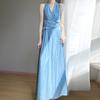 Vestido Zou de Verão 2025 Novo com Gola V Flor de Pessegueiro Feminino Sem Mangas Cor Sólida na Cintura Cor Sólida Elegante Vestido Versátil