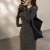 Vestido de Otoño con Temperamento Transfronterizo Estilo Oficina Cuello Redondo Raya de Botones Manga Larga para Mujer Temperamento Cintura Ceñida Falda Larga Recta