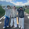 Sudadera con capucha de bloque de color a rayas con estampado de letras estilo americano 2026, unisex, otoño/invierno, chaqueta con cremallera de pareja de moda, transfronteriza