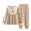 Novo Conjunto de Algodão Crepe para Primavera e Outono Feminino Solto Confortável Manga Longa Calça Longa Pode Ser Usado Fora Pijama Roupas de Casa