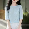 Algodón Lino Lentejuelas Iridiscentes Cuello Redondo Manga Corta Mujer Transpirable Cómoda Ligeramente Brillante Camiseta Primavera Verano Viaje Versátil Temperamento Mayoreo