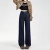 Calça jeans feminina azul denim, corte slim, perna larga, coleção outono 2026, caimento solto, modeladora, com caimento fluido e design até o chão, disponível para dropshipping