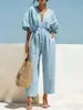 Colección de verano nueva 2026 sitio web independiente transfronterizo de Amazon europeo y americano: elegante y moderno mono de algodón y lino de color liso con cuello en V para mujer