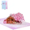 Tarjeta de felicitación pop-up 3D de cabaña con árbol de cerezo cortado con láser, regalo hecho a mano para cumpleaños y festividades