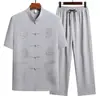 Traje Tang Masculino para Meia-Idade e Idosos Verão Novo Camisa de Manga Curta Calça Longa Fina Conjunto de Duas Peças Conjunto de Traje Tai Chi Estilo Chinês Masculino