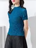 Blusa plissada com design único para mulheres, novo estilo de verão, plissados irregulares feitos à mão, camiseta elegante de manga curta, estilo fino para mulheres