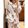 Pijama de primavera y otoño para niñas estilo coreano, rosa claro, diseño de niña de dibujos animados, cuello de muñeca, corte holgado, manga larga, pantalón largo, conjunto de ropa para el hogar