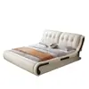 Cama branca de luxo leve estilo italiano com cabeceira curva, cama de casal de madeira maciça de grande capacidade para armazenamento para uso doméstico