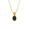 Collar Colgante Misterioso Estilo Francés Retro Ovalado Piedra Ojo de Tigre Ágata Negra Acero Inoxidable 18K Collar Largo