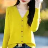 Casaco cardigã de malha de algodão puro com decote em V, novo para outono e inverno, modelagem solta, estiloso, de manga comprida, top feminino simples estilo coreano