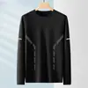 [Destaque] Camiseta masculina de manga comprida, adequada para primavera e outono, estilo casual, gola redonda, corte solto, respirável, versátil e leve, para usar por baixo