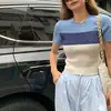 Diseño Puntada Color de Contraste Camiseta de Punto para Mujer Verano 2023 Nuevo Retro Adelgazante