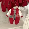 Roupa de Ano Novo para Bebê Roupas de Primavera e Outono Macacão Vermelho para Bebês Mês Completo Cem Dias Estilo Chinês Roupa Fina de Saudação de Ano Novo