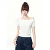 Top de punto sexy hueco sin hombros 2026 nuevo de verano camiseta de manga corta para mujer, blusa ligera