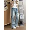 Jeans Rectos de Cintura Media con Patrón de Rayos Azules Inclinados Vintage para Hombre, Primavera y Otoño, Caídos, Lavados, Adelgazantes, Ligeramente Acampanados, Pantalones Largos