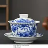 Cerámica Azul y Blanca de Jingdezhen Sancai Tazón Cubierto Taza de Té Individual Juego de Té Kung Fu de Alta Gama Tazón de Té con Tapa Venta al por Mayor