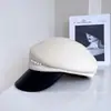 Gorra de Boina de Cuero Plisado con Perlas Retro Vintage para Mujer, Gorra de Boina de Lana Australiana para Otoño e Invierno, Elegante y Cálida Gorra Octagonal