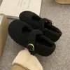 Zapatos Mary Jane grises peludos para mujer, nuevos zapatos de lana de estilo coreano para invierno, zapatos de algodón cálido de felpa de suela plana para mujer