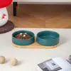 Cuenco de Color Sólido Mate con Borde Recto y Bandeja de Bambú, Cuenco Cerámico para Mascotas, Cuenco para Gatos, Cuenco para Perros, Cuenco de Agua, Cuenco Antiderrames para Comida