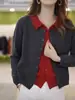 Cardigã de malha falso duas peças com gola para mulheres, novo estilo outono, suéter casaco em blocos de cor em camadas, modelagem solta, top jovem e estiloso