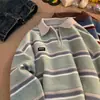 Suéter Masculino e Feminino Gola Polo Meio Zíper Listrado Retro Japonês Inverno Solto Estilo Preguiçoso Design de Nicho Top