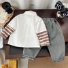 Roupa infantil da moda 2025 primavera e outono novo camisa de cachorrinho de desenho animado para menino de manga comprida conjunto de duas peças calças infantis jeans bonitas