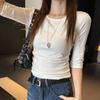 Tiro Real # Camiseta Básica Gris Hombro Derecho para Mujer 2025 Nuevo Otoño Cintura Plisada Mangas Medias Mangas Tres Cuartos