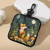 Porta-moedas Fofo com Estampa de Raposa, Bolsa de Armazenamento Impermeável de Couro Sintético com Zíper, Estojo Multifuncional Mini para Fones de Ouvido