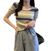 Top de Camiseta de Punto de Seda Helada de Manga Corta para Mujer Verano Nuevo Rayas Chic Ajustado Corto Cuello en U Diseño con Sentido Nicho