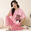 Pijama de Dos Piezas Estilo Coreano Lindo de Mickey para Mujer, Verano, Manga Corta, Pantalones Sueltos, Dibujos Animados, Cuello Redondo, Traje de Estudiante, Ropa para el Hogar