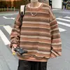 Suéter retro a rayas para hombre, de alta calidad, de una generación, holgado, cuello redondo, chaqueta, abrigo tipo suéter de estilo coreano relajado