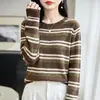 Suéter de punto con cuello redondo, rayas de bloques de color y lentejuelas, manga larga casual para mujer, versátil, corte holgado, suéter de capa interior para otoño/invierno