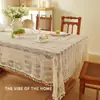 Mantel de ganchillo calado estilo francés con flecos, mantel de comedor vintage de algodón y lino, mantel rectangular estilo pastoral para uso doméstico
