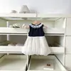 [En Stock] Vestido Infantil 2026 Verano Nuevo Contraste Blanco y Negro Encaje Lunares Malla Vestido para Niñas