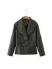 ¡Pedido de Comercio Exterior! Chaqueta Abrigo de Cuero PU Estilo Retro Europeo y Americano para Mujer con Solapas Grandes, Cinturón, Hombreras y Decoración de Cremallera