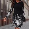 Outono 2024 Novo Comércio Exterior Transfronteiriço Amazon Europeu e Americano Feminino Crewneck Manga Longa Estampa Slim-fit Temperament dress
