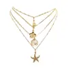 Cadena de Perlas Oceánicas de Venta Caliente Transfronteriza Europea y Americana Cadena para Clavícula de Mujer Colgante de Estrella de Mar y Concha Collar Multicapa Apilable Venta al por Mayor