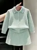 Conjunto de punto para niña estilo coreano, nuevo para otoño e invierno 2026, color verde menta, suéter con cuello polo trenzado y falda para bebé