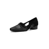 Elegantes Zapatos de Malla Transpirable Azul Marino con Empalmes Huecos Estilo Francés Tacón Grueso Piel de Oveja Zapatos para Mujer Slip-on Zapatos de una Sola Pieza