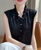 Camisa Blanca Estilo Francés para Mujer Diseño de Primavera y Verano Sentido del Diseño Estilo Extranjero Conocimiento Encaje de Oreja de Madera Cuello en V Sin Mangas Top