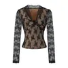 Camiseta Sexy de Renda com Decote V Torcido e Mangas Longas Estilo Puro Desejo Outono Nova Slim Curta Sexy Base