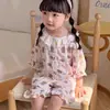 Conjunto de Pijama de Manga Corta de Verano para Niños 2026 Nuevo Tipo Gasa de Algodón Puro con Encaje Cuello Redondo Ropa de Casa para Bebés Niñas